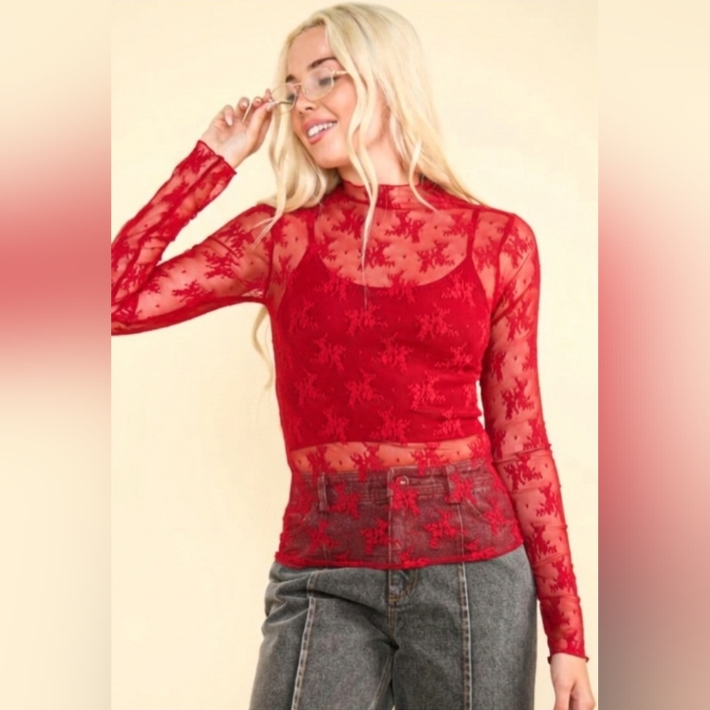 Red Stretchy Floral Lace Long-Sleeve Lettuce Trim Mesh Top